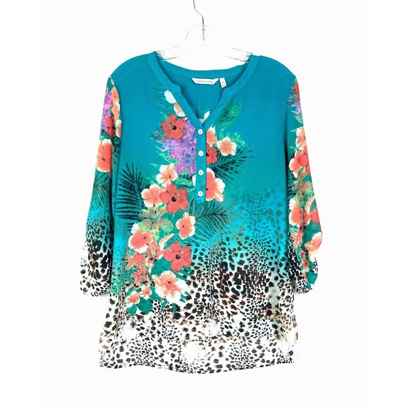 Soft Surroundings Sheer Popover Blouse Size PS Green Floral Animal Tropical - Picture 1 of 8
